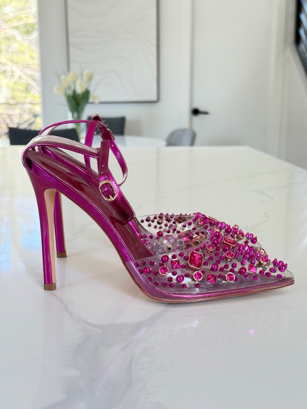 Azalea Wang Arthelia Pink Crystal Embellished Clear Pumps - Picture 6 of 14